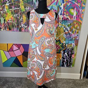 Nine West Sleeveless Sheath Dress 10 Colorful Paisley Floral Pockets EUC